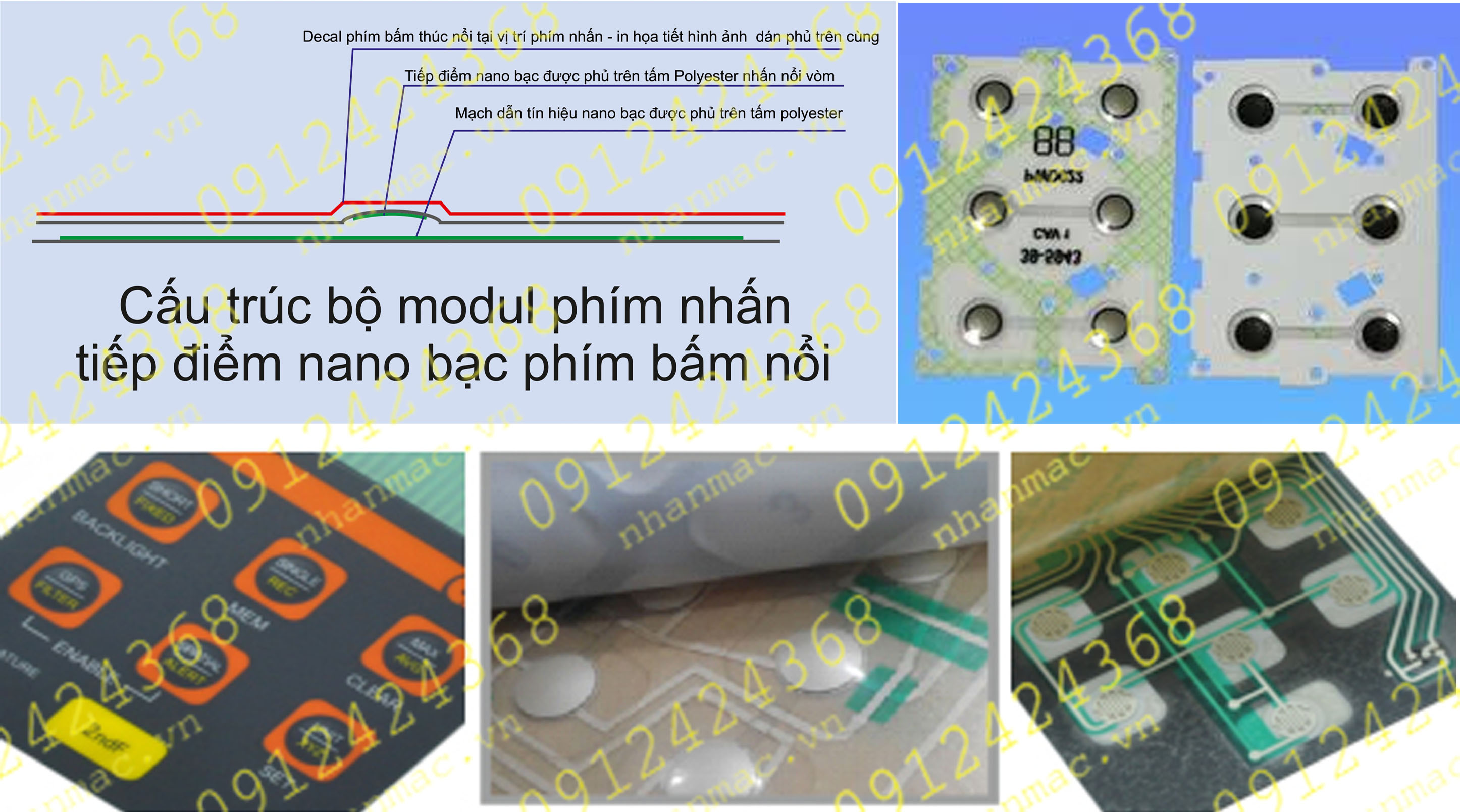 MN11- Cấu trúc bộ Màng nhựa nhấn nút nổi in mực dẫn điện làm bàn phím bấm  dạng phím bấm nổi- tiếp điểm mực nano bạc